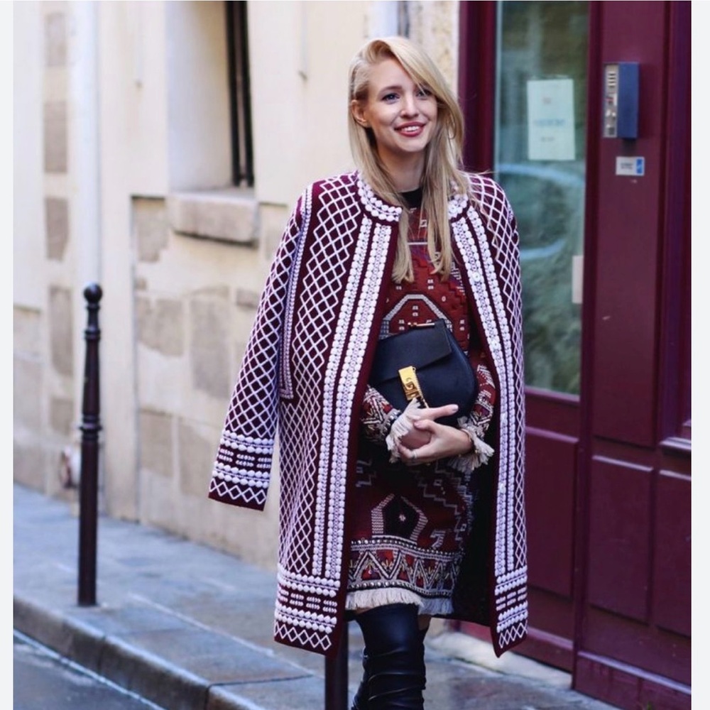 Tory Burch Jacquard Wool Long Burgundy & White Patterned Coat Cardigan